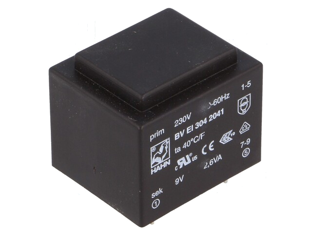 Transformator: ingegoten; 2,6VA; 230VAC; 9V; 289mA; PCB; BVEI Transformator: ingegoten; 2,6VA; 230VAC; 9V; 289mA; PCB; BVEI